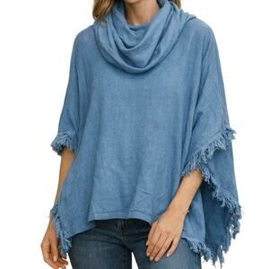 Chico’s Blue Cowl Neck Poncho Top Fringe Hem Boho Chic Layering Piece L/XL